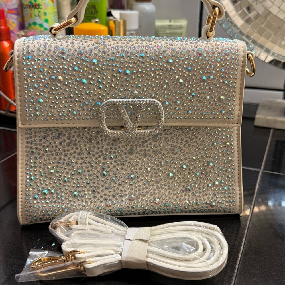 Elegant Crystal-Embellished White Handbag